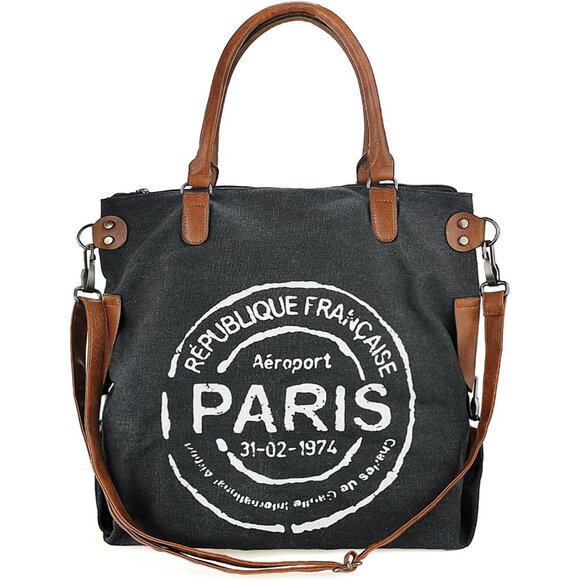 Large Canvas Tote Bag for Women Black Zipper Spacious Crossbody Handbag - Picture 1 of 6